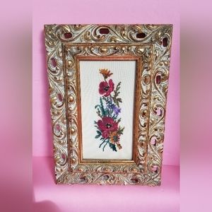 VTG Framed Needlepoint Floral Bouquet Picture,Poppies Daisies & Bluebells.